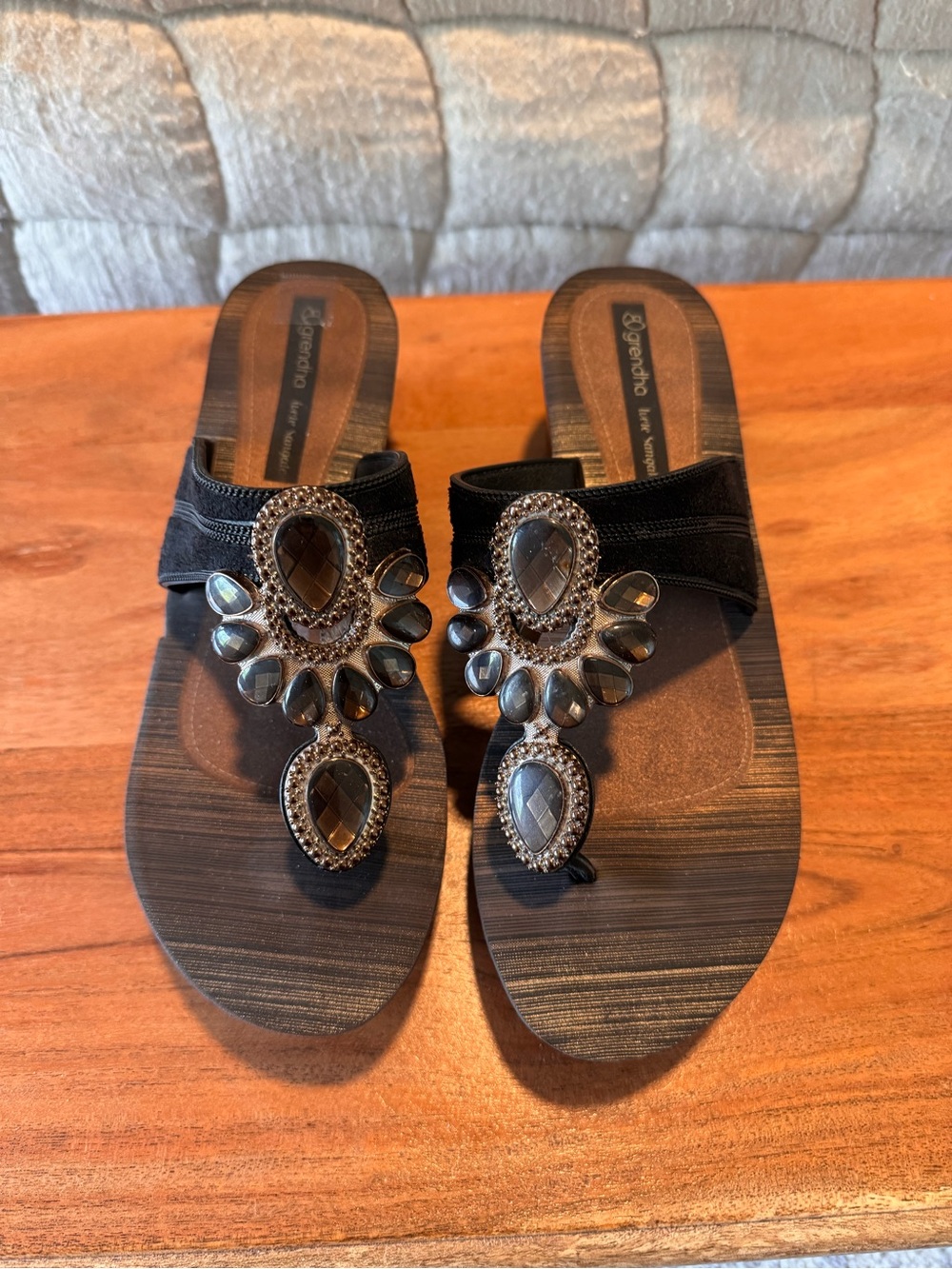 Embellished Black Teardrop Slide Sandals - Women's
